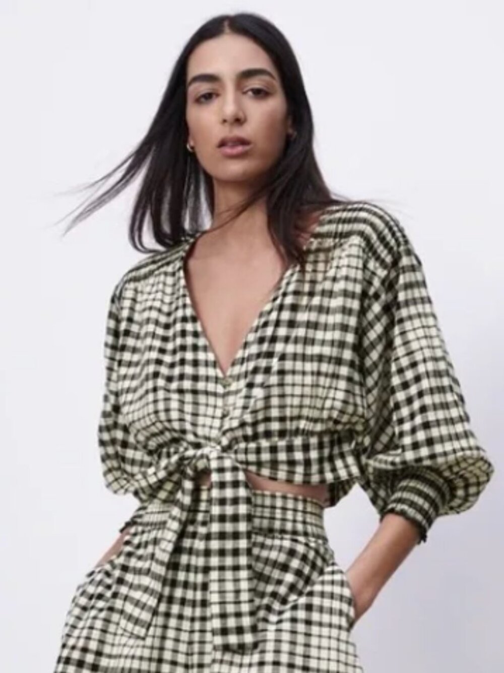 Zara 100% cotton black & cream checked tie-front crop top size L